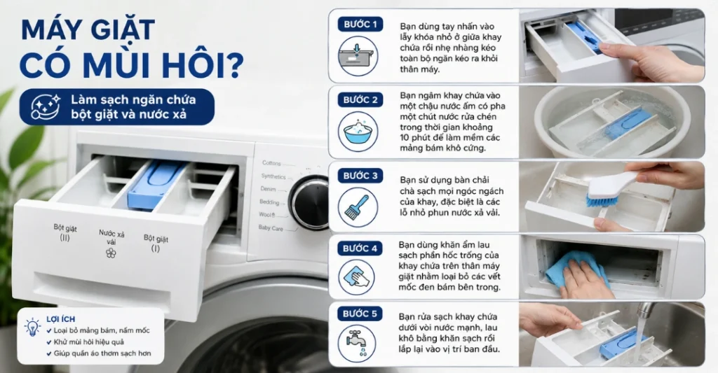 Làm sạch ngăn chứa bột giặt và nước xả