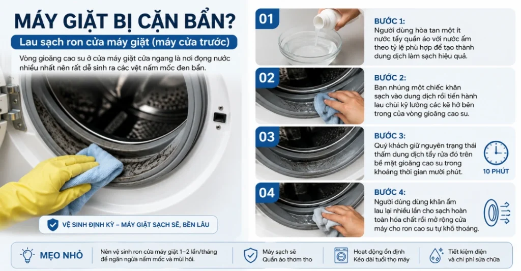 Lau sạch ron cửa máy giặt