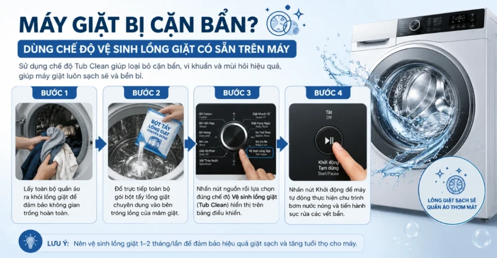 Dùng chế độ vệ sinh lồng giặt có sẵn trên máy