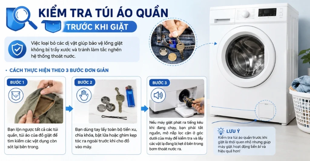 Kiểm tra túi áo quần trước khi giặt