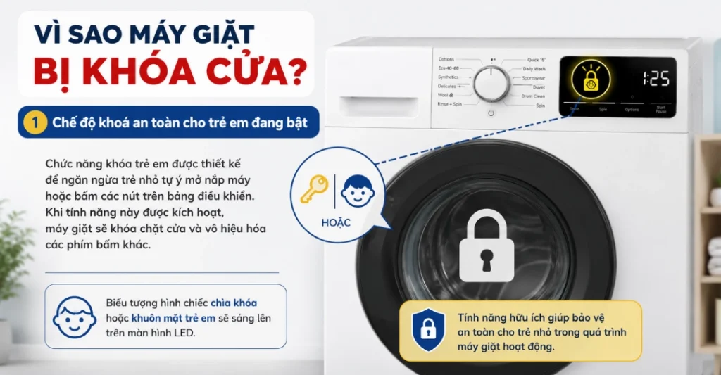 máy giặt bị khoá cửa do bật chế độ khoá an toàn trẻ em