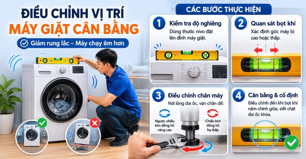Điều chỉnh lại vị trí đặt máy giặt cân bằng