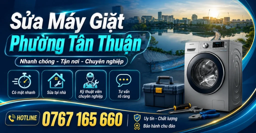 Banner dịch vụ sửa máy giặt Phường Tân Thuận của Trung tâm Limosa kèm hotline hỗ trợ tận nơi chuyên nghiệp