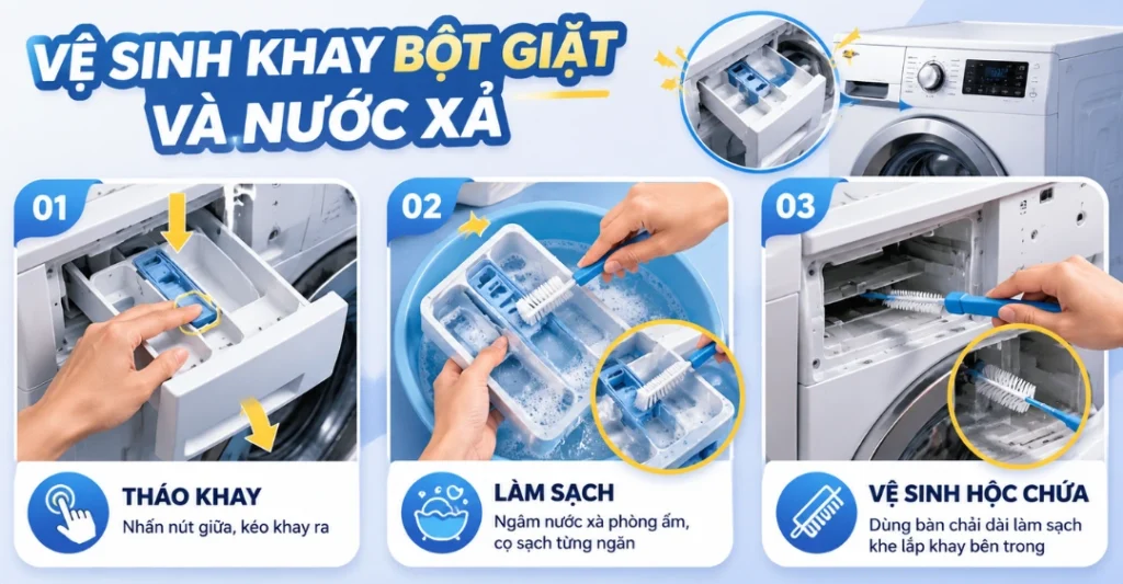 Vệ sinh khay bột giặt và nước xả