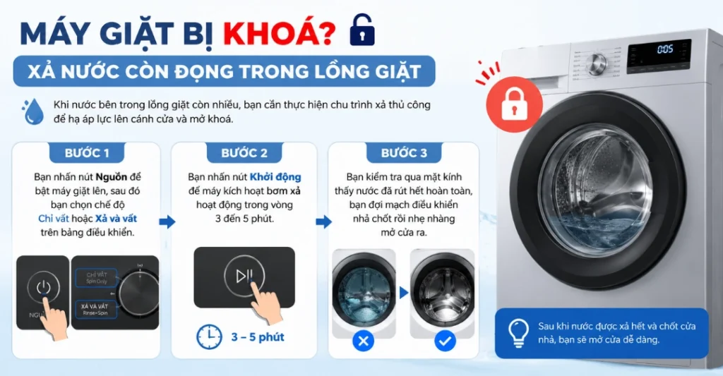 Xả nước còn đọng trong lồng giặt