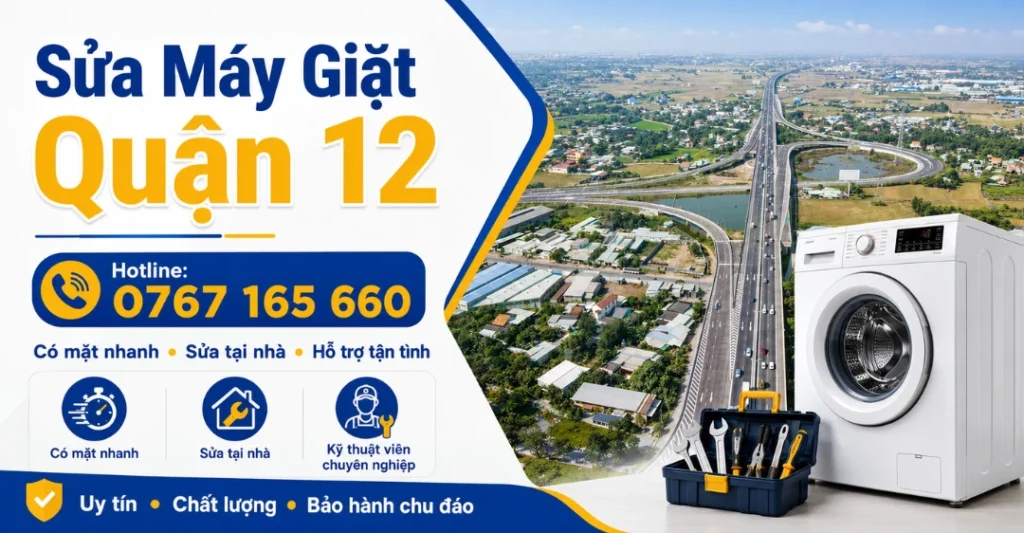 Chú thích (Caption): Sửa Máy Giặt Limosa cung cấp dịch vụ sửa máy giặt quận 12 tận nhà, cam kết thợ có mặt nhanh chóng và linh kiện chính hãng