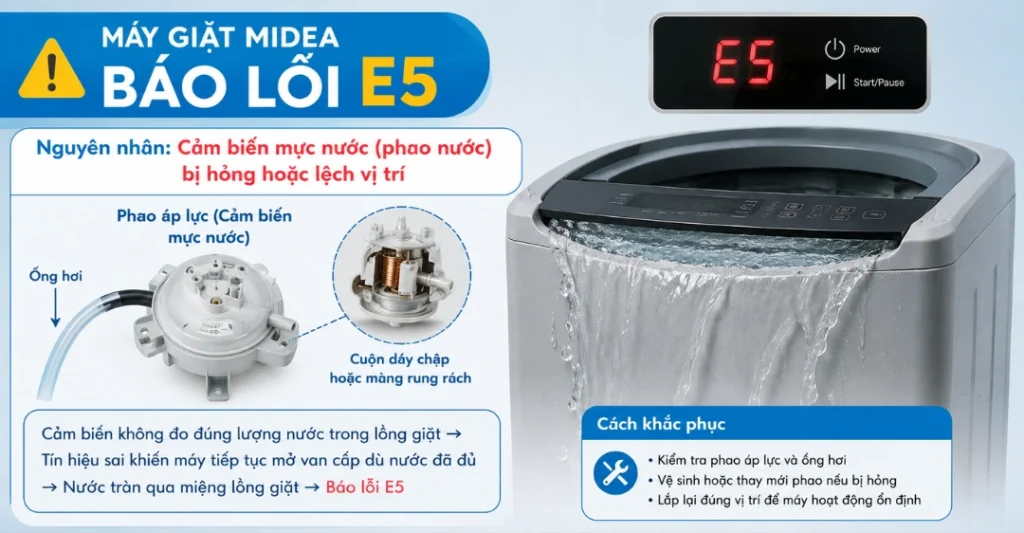 Cảm biến mực nước (phao nước) bị hỏng hoặc lệch vị trí