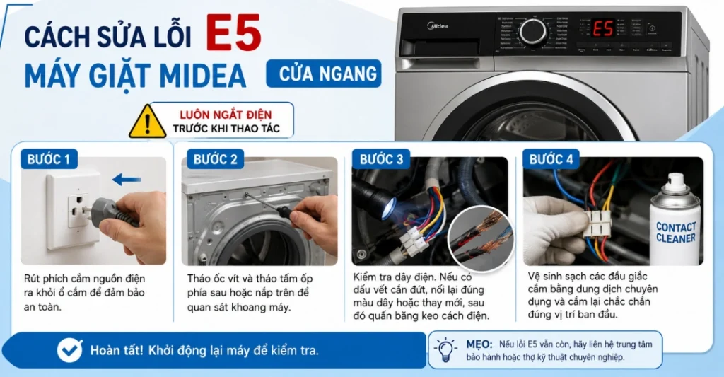 Cách sửa lỗi E5 máy giặt Midea cửa ngang